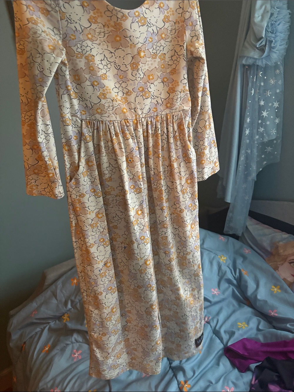 Girls' Long Sleeve Floral Dress in Cream and Yellow